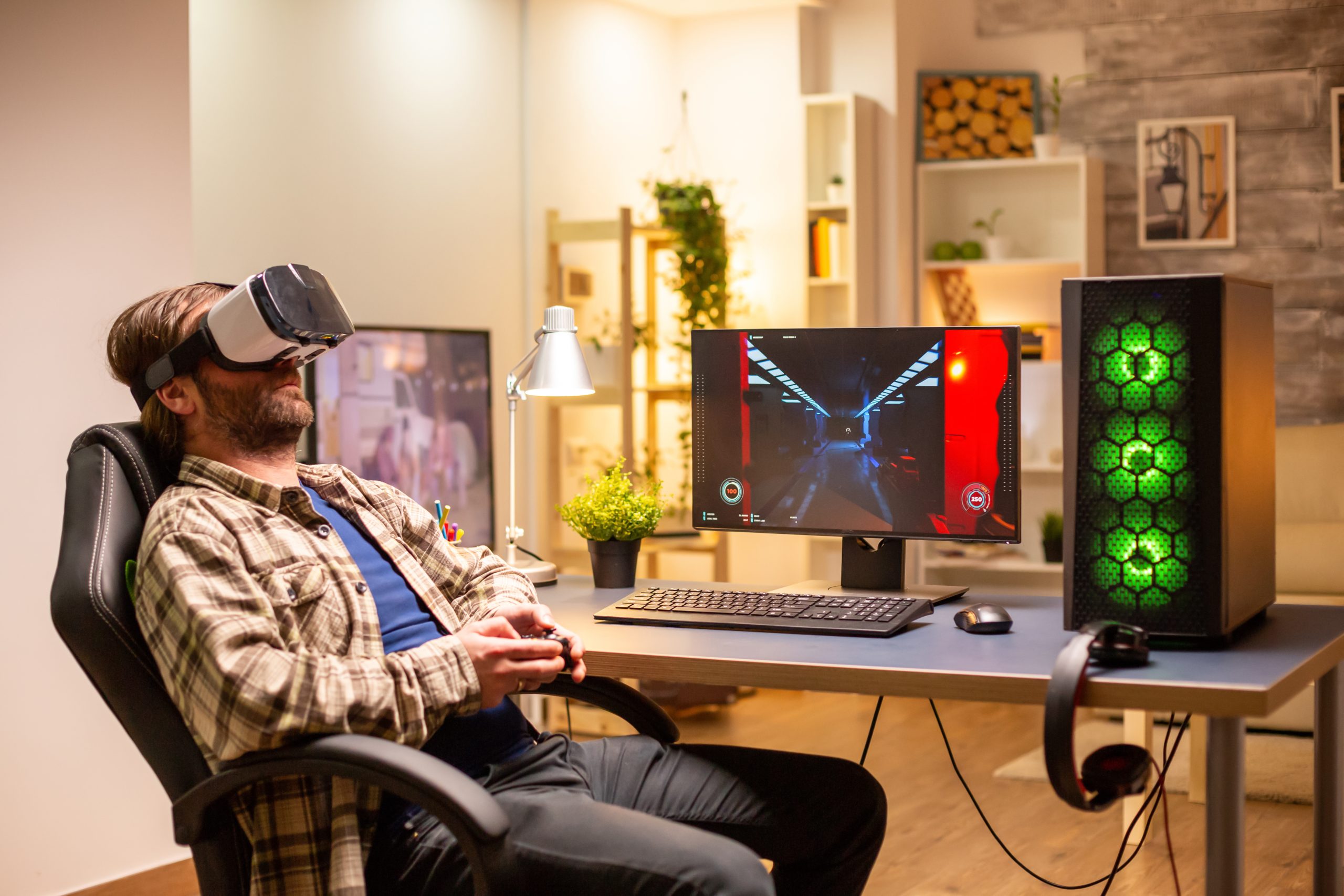 a man chilling with vr box